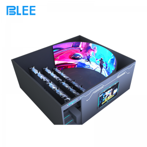 Full front view showcasing the stunning 6-meter glasses-free curved 3D screen and ten suspended motion seats with safety harnesses.