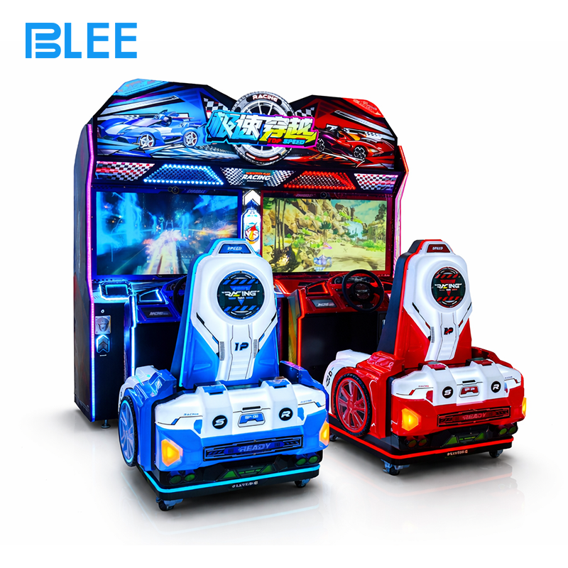 arcade racing simulator Full front view showcasing the aggressive new body design, dual racing cockpits, and large curved displays.