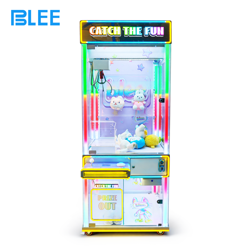coin-operated claw game (1) BLEE IP Prize Crane Machine with original character artwork prominently displayed in a bustling arcade.