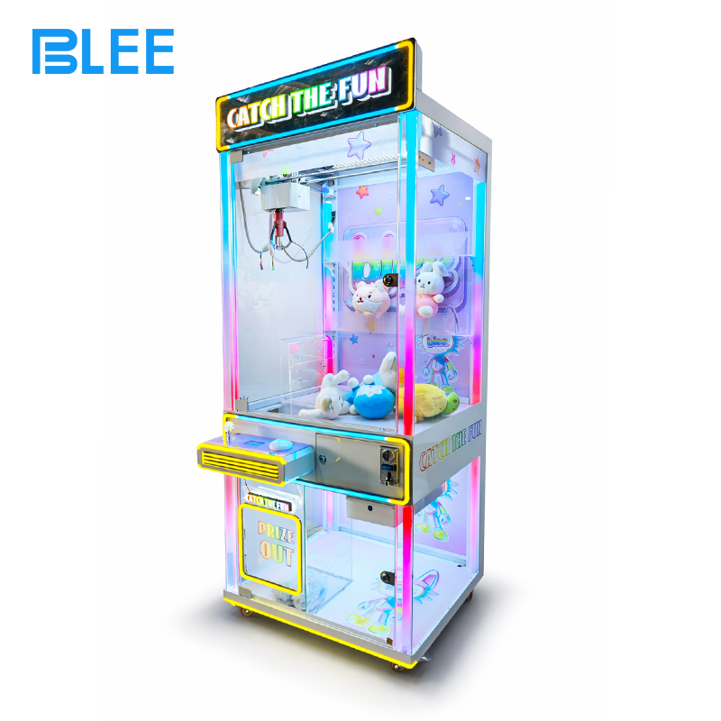 coin-operated claw game (3) Close-up of the precision claw mechanism holding an exclusive BLEE character plush toy.