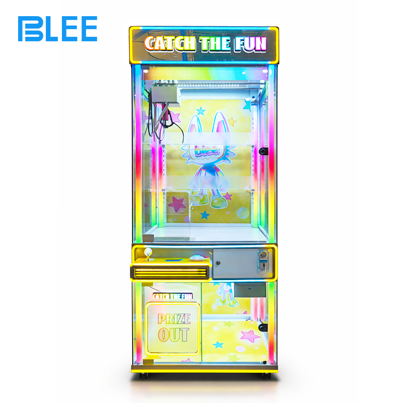 coin-operated claw game (4) Player skillfully maneuvering the joystick to position the claw above a desired gift.