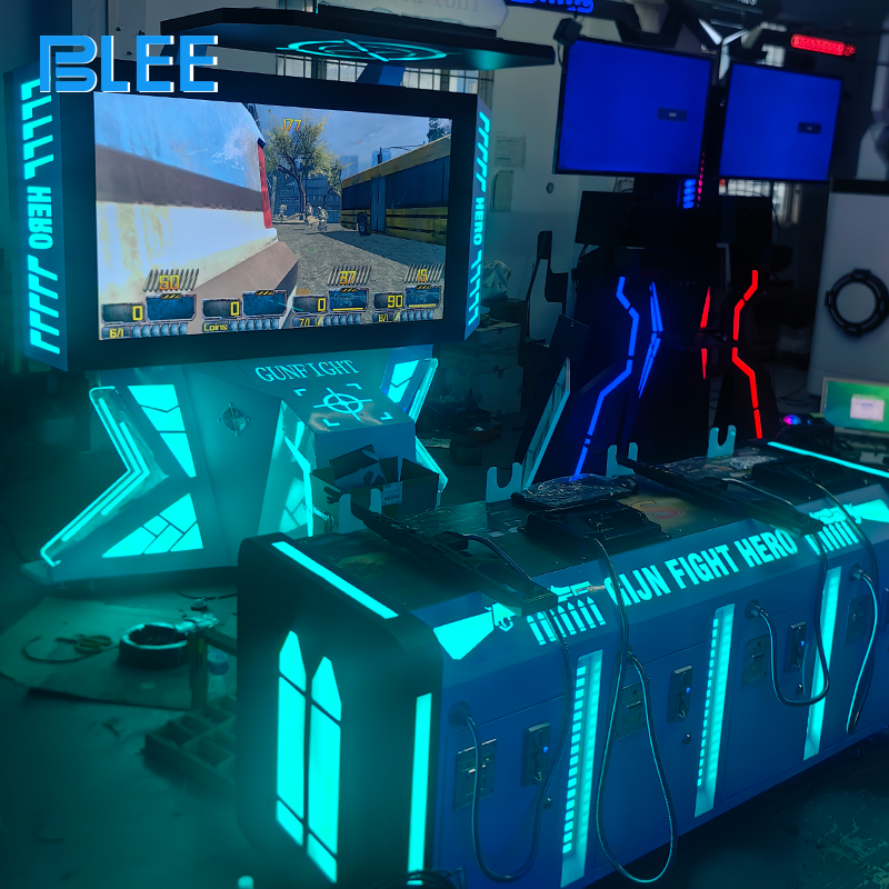 Full front view showcasing four LED-illuminated headsets, four rifle stations, and massive 55-inch split-screen display.