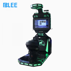 Full front view showcasing the horse riding platform, HTC headset, and 32-inch spectator display.