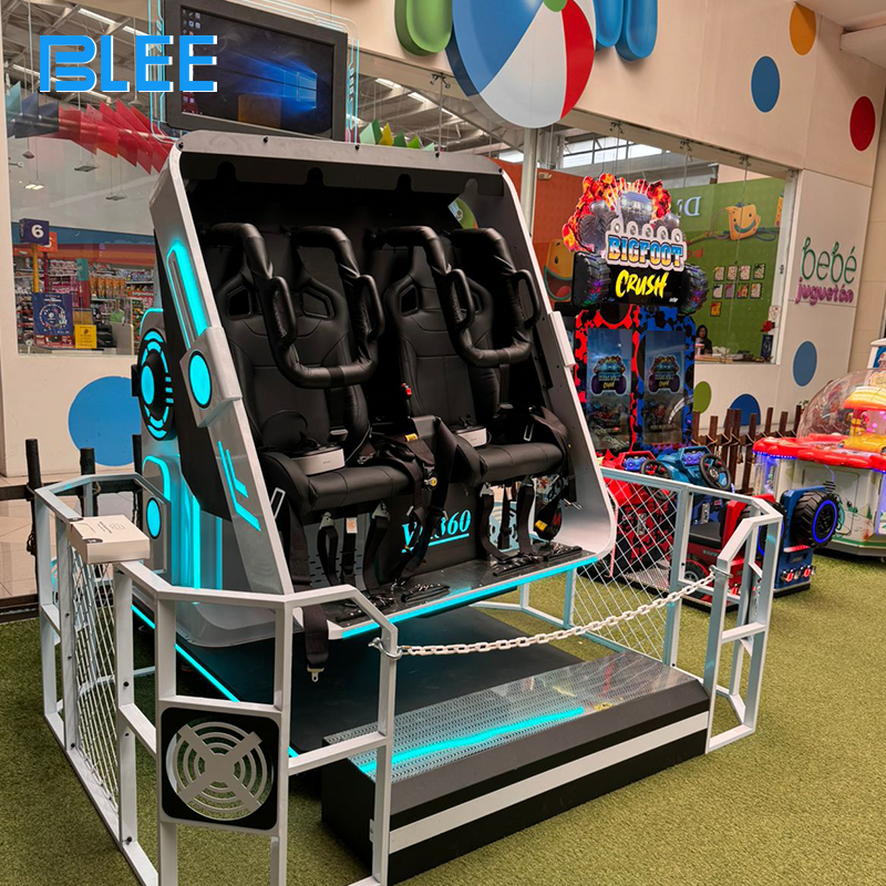 BLEE VR Dual 360 Rotating Platform with Safety Guardrails (L2800×W2400×H2100mm, 4500KG) featured in a premium arcade zone.