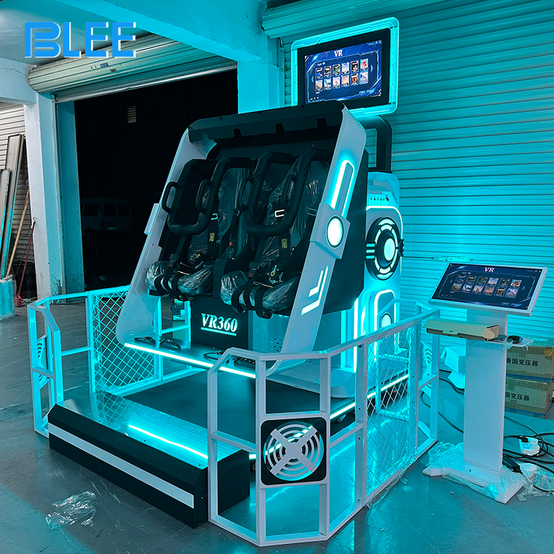 Two players securely inside guardrail-enclosed platforms wearing headsets during synchronized 360-degree rotation.