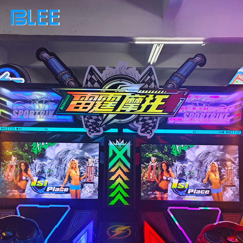 BLEE Thunder Motorcycle Pro Racer (210×244×235cm) with aggressive silver and lightning bolt design featured in a premium racing zone.