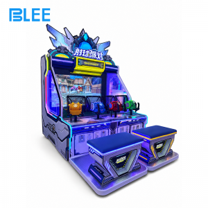 Full front view showcasing four ball shooter stations, dynamic moving target field, and individual digital scoreboards with player rankings.