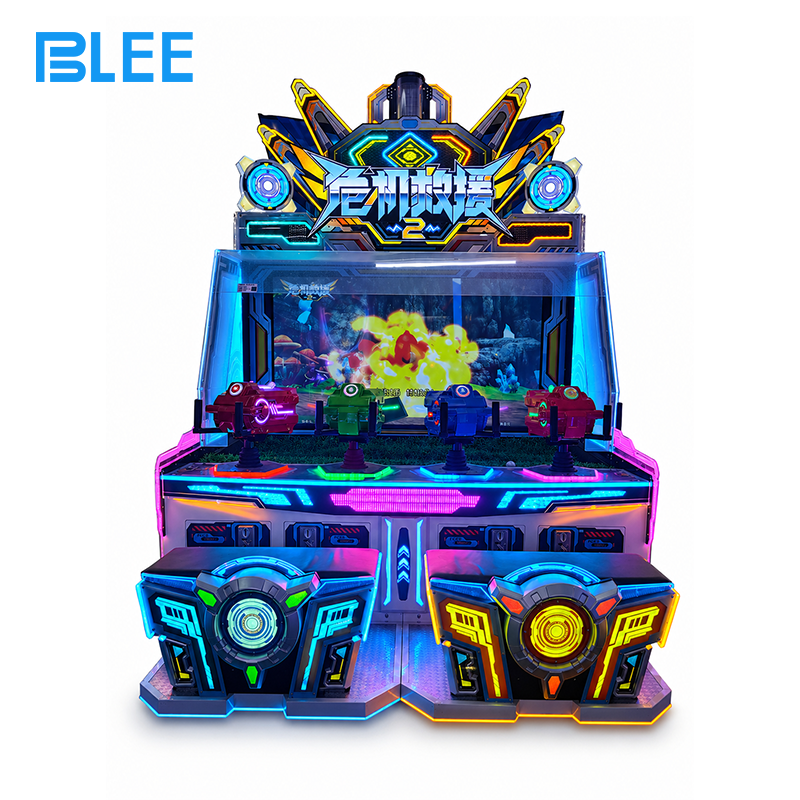 crisis rescue arcade machine (1) BLEE Crisis Rescue 4-Player Firefighting Arcade (250×200×280cm) with detailed city diorama and emergency beacons featured in a family entertainment center.