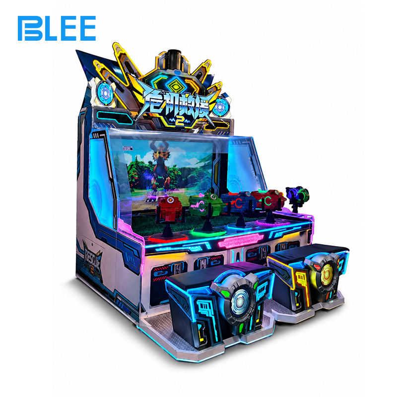 crisis rescue arcade machine (2) Full front view showcasing four high-pressure water gun stations, skyscraper diorama, and dynamic LED fire effects.