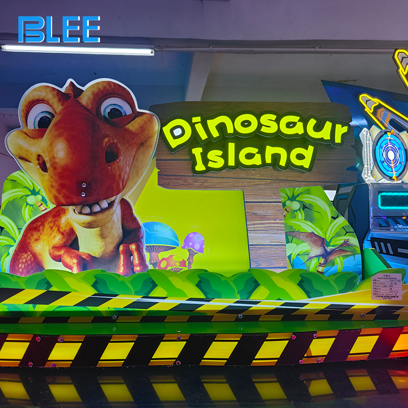 Child celebrating as a well-aimed shot triggers flashing lights and dinosaur roar sound effects.