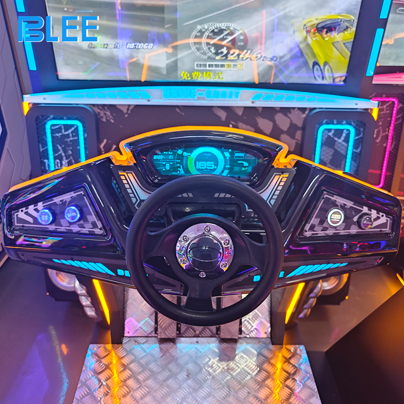 large-screen racing simulator (2) Full front view showcasing the professional racing cockpit, massive 55-inch screen, force-feedback wheel, and aggressive racing stripes.