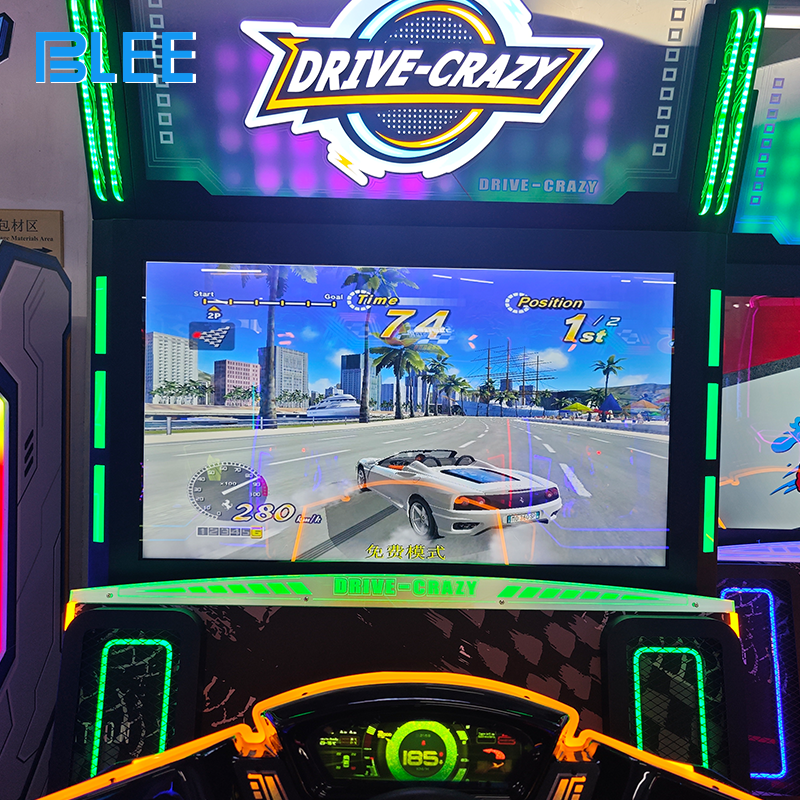 large-screen racing simulator (3) Player gripping the steering wheel, fully immersed in the massive display during a high-speed drift challenge.