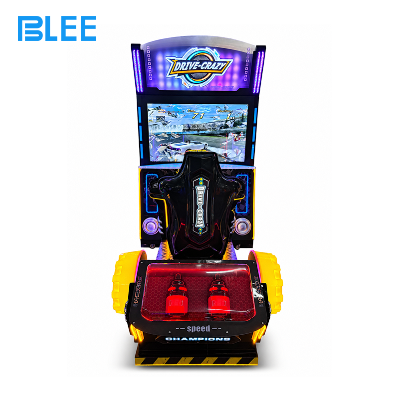 large-screen racing simulator (9) Player inserting coins into the illuminated payment system to begin the crazy racing career mode.