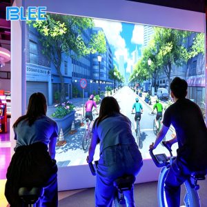 Projection racing game with exercise bikes