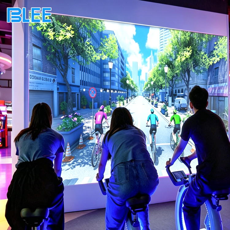 Projection racing game with exercise bikes Projection racing game with exercise bikes