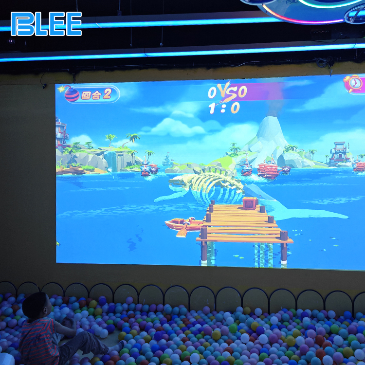 4 Kids throwing balls at interactive projection screen