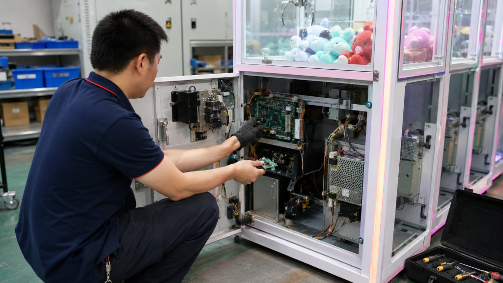 Technician replacing game machine spare parts