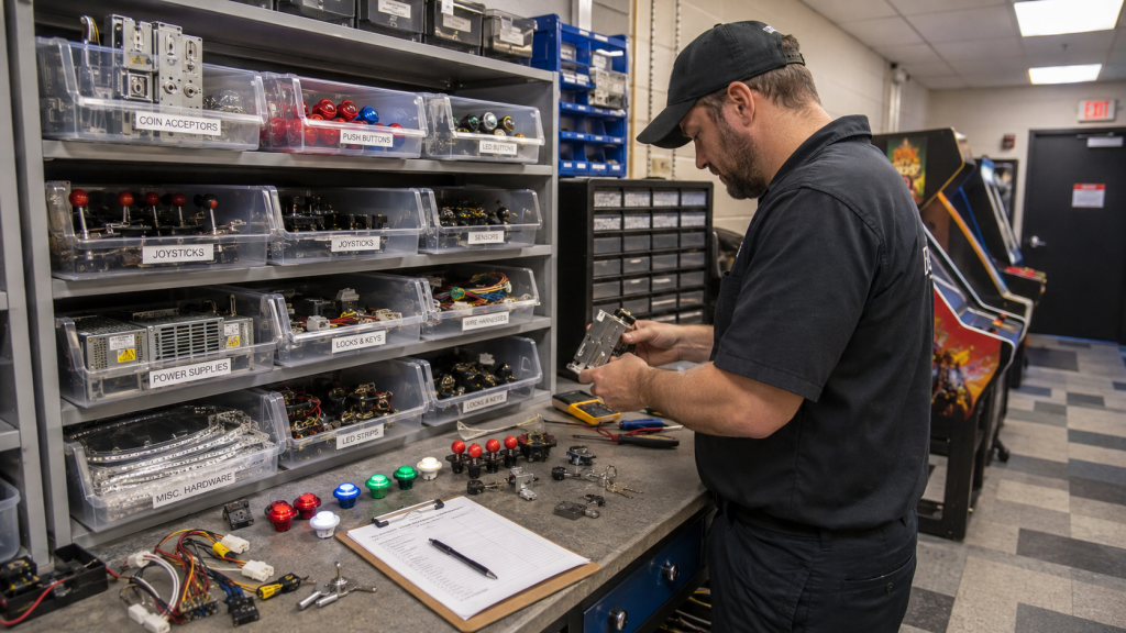 Technician organizing an arcade spare parts kit