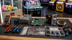 Organized arcade replacement parts and tools